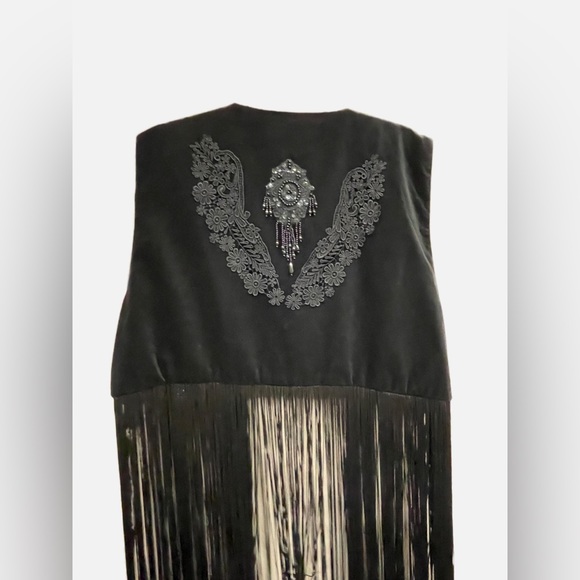 Ann n Eve Western Black Velvet Beaded Fringed Vest - Picture 2 of 8